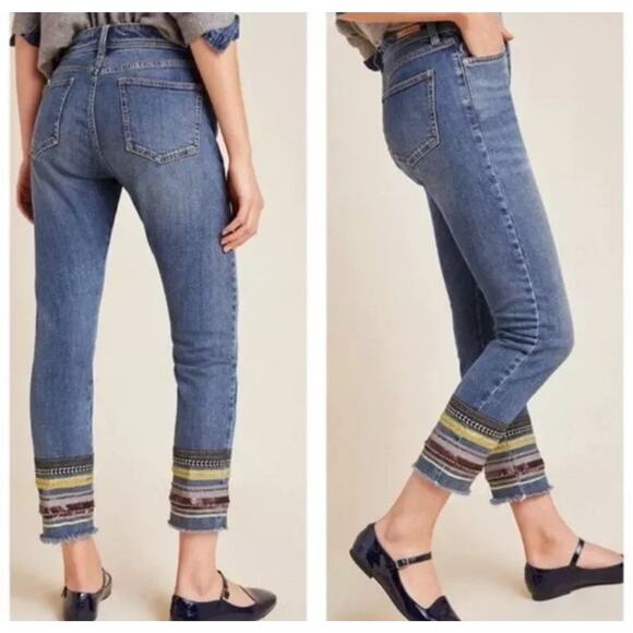 Pilcro Embroidered Sequin High Rise Slim Straight Crop Jeans Womens Size 31 Boho - Picture 2 of 12